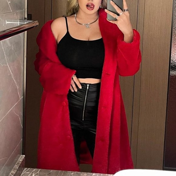 Plus Size button Teddy faux fur Coat Jacket red - Picture 1 of 5